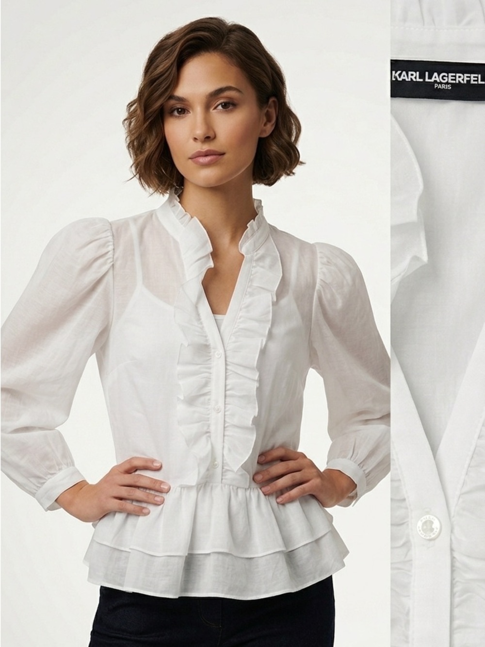 Karl Lagerfeld White Ruffle Peplum Top Size Small